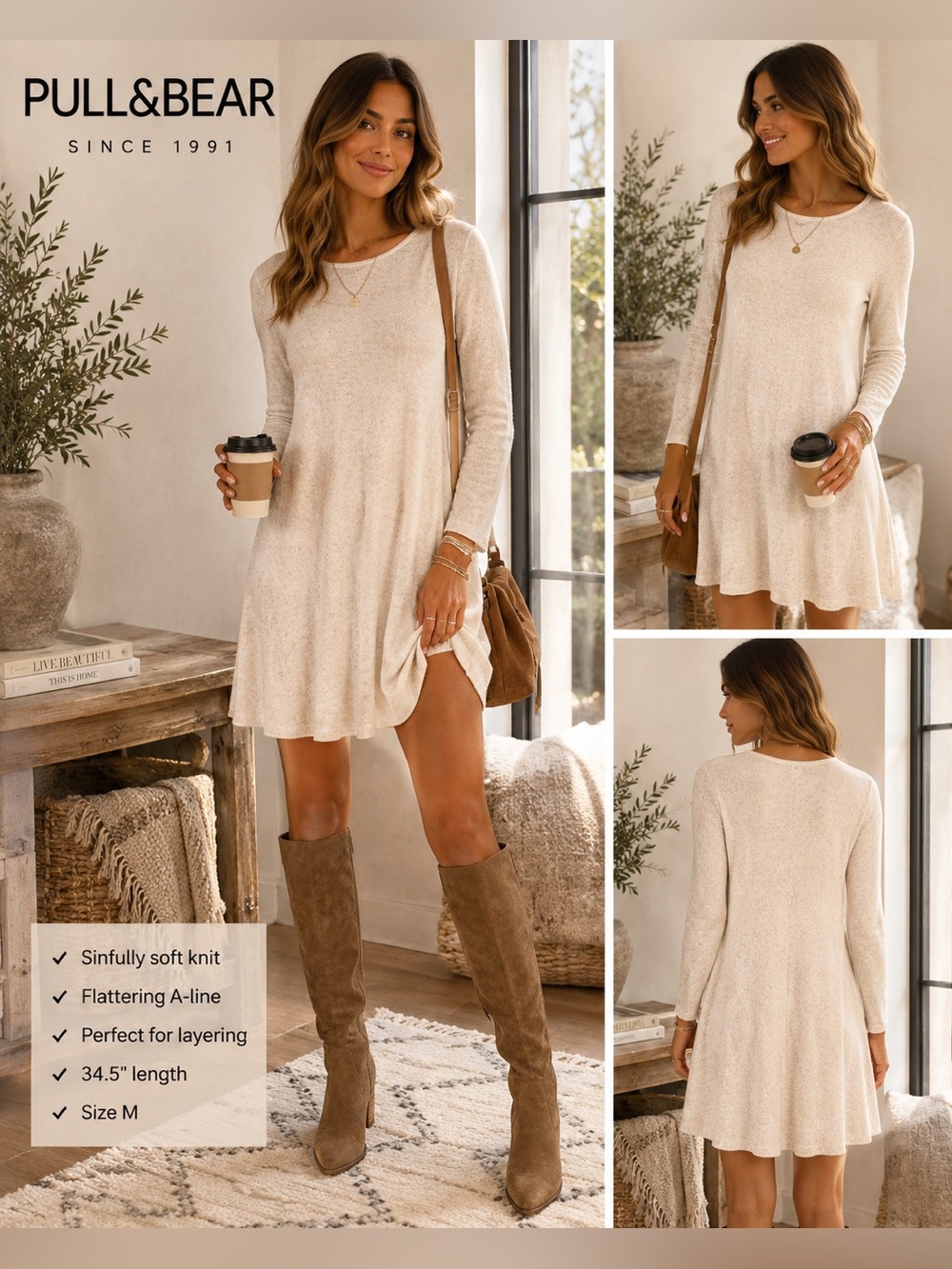 ⭐️Pull & Bear,Sinfully Soft Creamed Ivory Dress, Perfect for Layering, EUC, 28/M